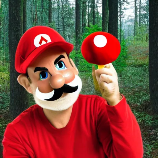 Image similar to italian man with a mustache dressed as mario wearing a solid red mario hat drooling, eyes rolled back, looking at red mushroom with white spots, in a forest