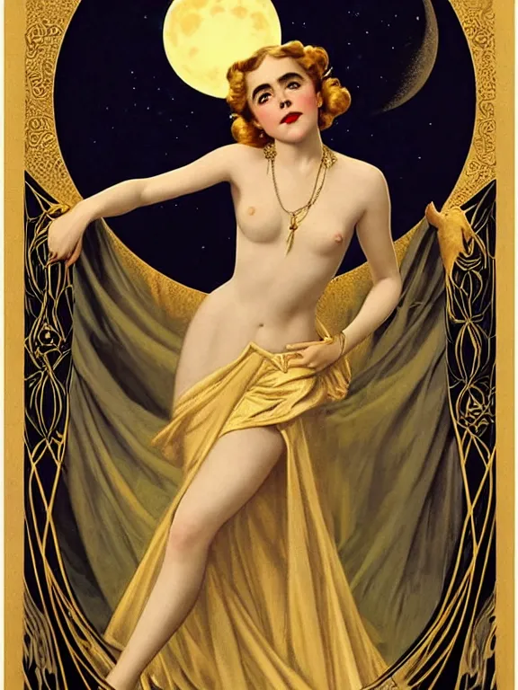 Image similar to kiernan shipka as the magic goddess Of the moon and witchcraft and satanism, a beautiful art nouveau portrait by Gil elvgren, moonlit New England forest environment, centered composition, defined features, golden ratio, intricate gold jewlery and black lace