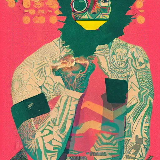 Image similar to Hightimes magzine Rasta cover by Sachin Teng, asymmetrical, Matte Painting , smoke, geometric shapes, marijuana, hard edges, energetic, graffiti, street art:2 Masterpiece, high detail, by Sachin Teng:4