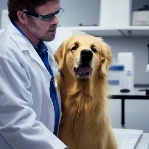 Prompt: a scientist with a golden retriever head working in a laboratory, 8 k, ultra realistic, cinematic