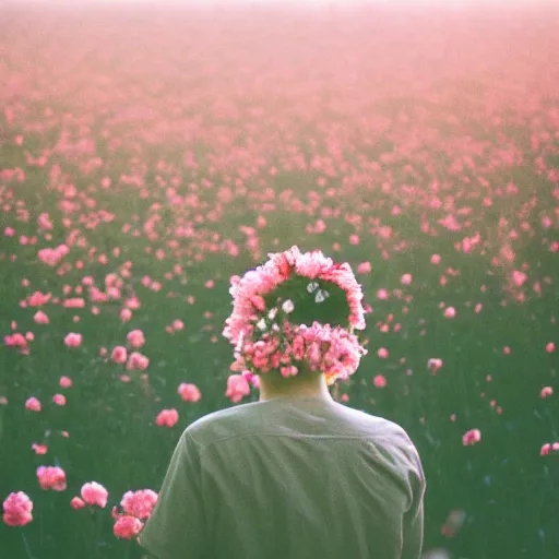 Image similar to kodak portra 4 0 0 photograph of a skinny guy standing in field of flowers, flower crown, back view, moody lighting, moody vibe, telephoto, 9 0 s vibe, blurry background, vaporwave colors, faded!,