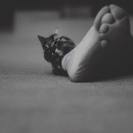 Prompt: photograph of a cat biting someone’s foot, portrait, close up, shallow depth of field, 40mm lens