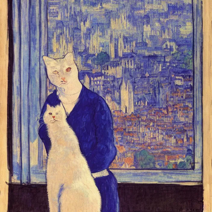 Image similar to woman in indigo dress with city with cathedral seen from a window frame at night. fuzzy white cat. monet, henri de toulouse - lautrec, utamaro, matisse, felix vallotton