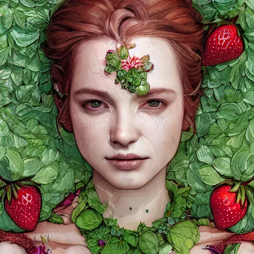 Image similar to the portrait of an absurdly beautiful, graceful, elegant, chaste, young woman made of strawberries and green petals looking up, an ultrafine detailed illustration by kim jung gi, irakli nadar, intricate linework, bright colors, octopath traveler, final fantasy, angular, unreal engine 5 highly rendered, global illumination, radiant light, detailed and intricate environment