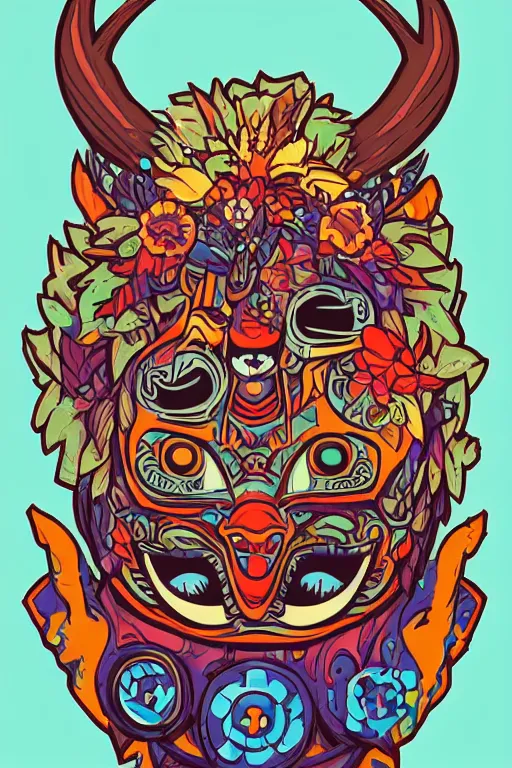 Image similar to animal mask totem roots flower tribal feather gemstone plant wood rock shaman vodoo video game vector cutout illustration vivid multicolor borderlands comics by josan gonzales and dan mumford radiating a glowing aura