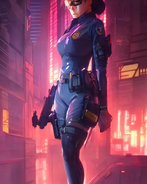Image similar to anime visual of elizabeth olzen as a police officer, neon, cyberpunk, futuristic, stunning, highly detailed, digital painting, artstation, smooth, soft focus, illustration, art by artgerm and greg rutkowski and alphonse mucha