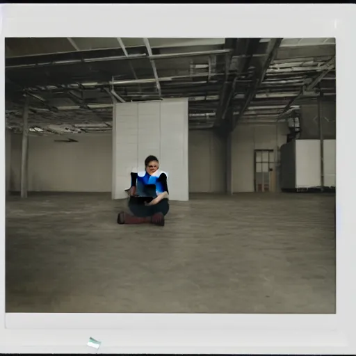 Image similar to a polaroid photo of man using a laptop inside in warehouse, he sitting on chair and small table, photo from behind