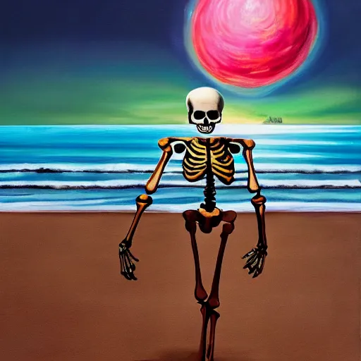 Prompt: Beautiful painting of relaxed skeleton walking on the tropical beach with nuclear bomb explosion on the ocean, high quality, trending on Artstation, realistic, highly detailed big nuclear explosion in the background, vibrant light color scheme, anatomically accurate skeleton, coherent, photorealism