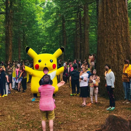 Image similar to photograph of a group of people worshipping a giant pikachu in a forest