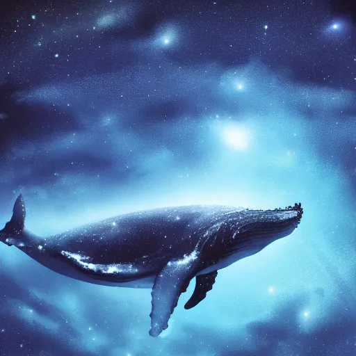 Prompt: portrait of whale swimming on a dark night sky, swimming across the universe, galaxies, oniric, dreamy, beautiful, highly detailed, realistic, cinematic, dynamic composition, trending on artstation