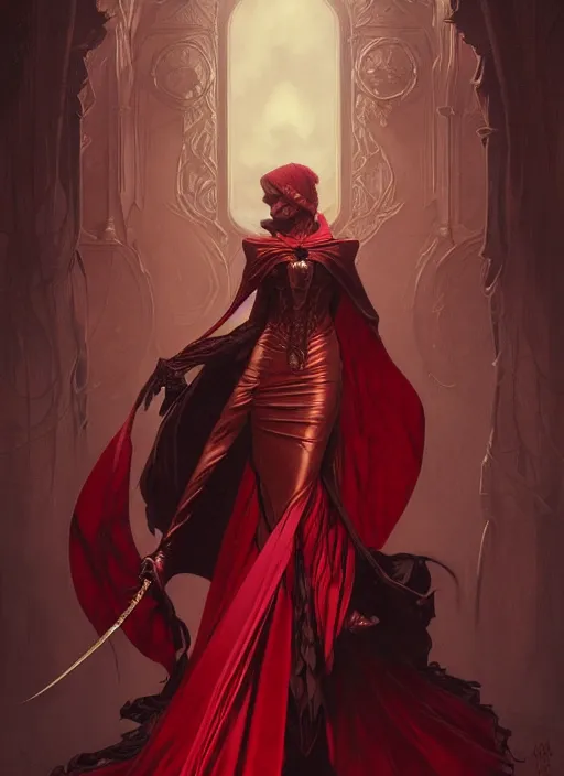 Image similar to person with no eyes wearing a dark red cape, fantasy, medieval wear, intricate, elegant, highly detailed, digital painting, artstation, concept art, smooth, sharp focus, illustration, art by artgerm and greg rutkowski, reimagined by alphonse mucha