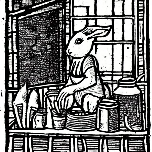 Image similar to medieval book illustration of a rabbit baking in a kitchen