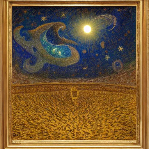 Image similar to stars, solar eclipse, looming over the earth, hdr, hq, painting by gustave dore and vincent van gogh