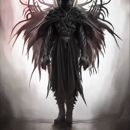 Prompt: handsome demon boy, young adult mazoku man with wild spiky black hair, vantablack cloak, red eyes, ultra realistic, concept art, intricate details, eerie, highly detailed, photorealistic, octane render, 8 k, unreal engine. art by artgerm and greg rutkowski and charlie bowater and magali villeneuve and alphonse mucha