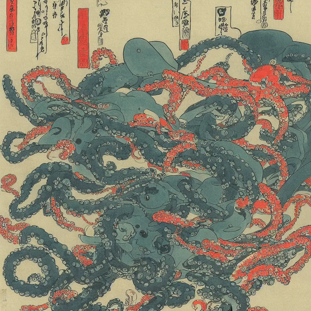 Image similar to Robot!!!! fighting octopus in front of Mt Fuji, cherry blossoms, Ukiyo-e by Utagawa Kuniyoshi
