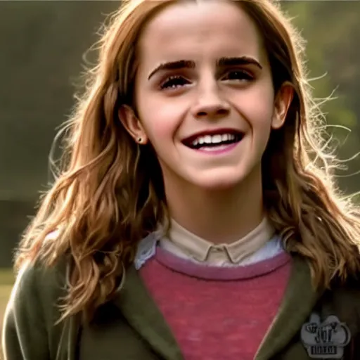 Prompt: Still of Emma Watson as Hermione Granger smiling. Prisoner of Azkaban. During golden hour. Extremely detailed. Beautiful. 4K. Award winning.