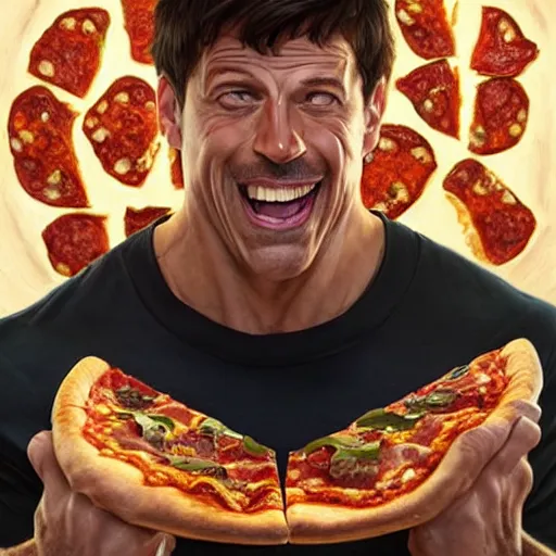 Prompt: portrait of Tony Robbins opening his mouth to eat pizza, also smashing pizza with his fists, highly detailed, digital painting, artstation, concept art, sharp focus, illustration, art by artgerm and greg rutkowski and alphonse mucha