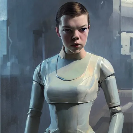 Image similar to a striking hyper real painting of Anya Taylor-Joy as an android at war by Craig Mullins