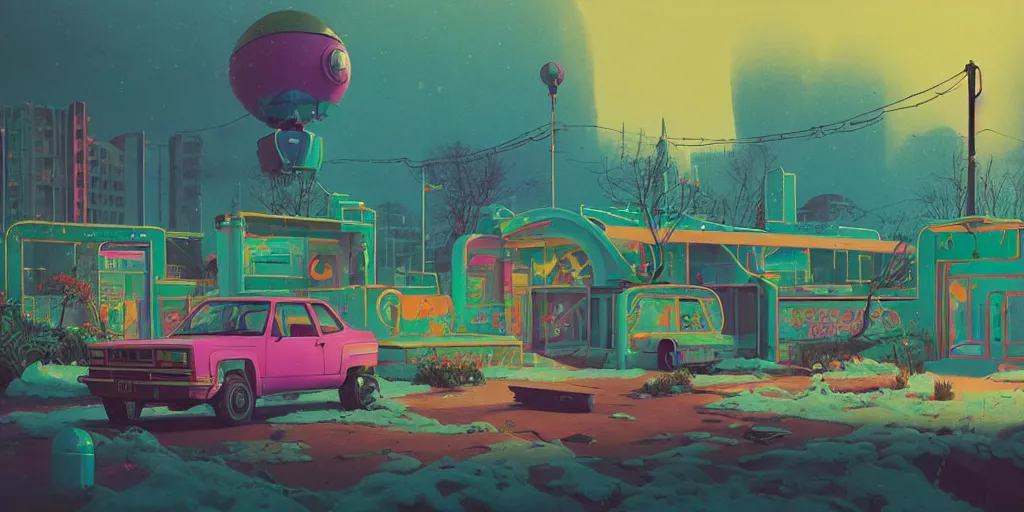 Prompt: 80s outdoor retro arcade, 80s color scheme, retro, pastel colors, desolate, lush vegetation, snow, moody:: by Simon Stålenhag and beeple and James Gilleard and Justin Gerard :: ornate, dynamic, particulate, intricate, elegant, highly detailed, centered, artstation, smooth, sharp focus, octane render, 3d