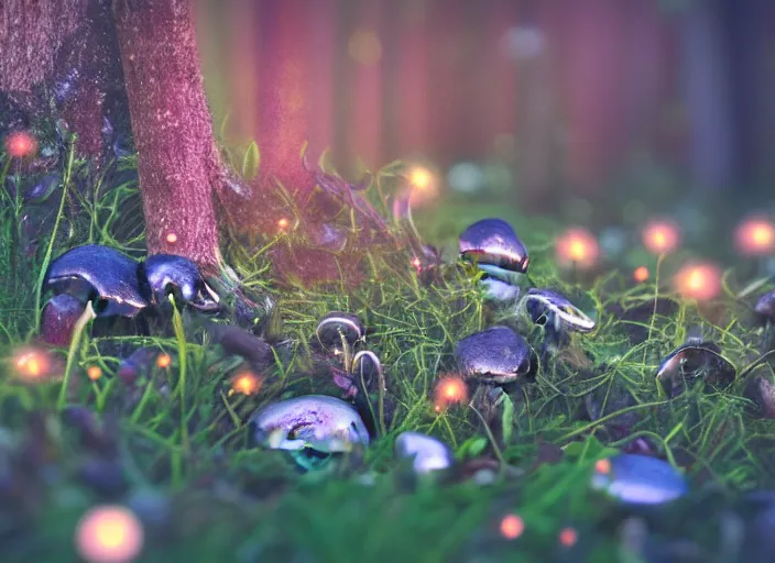 Image similar to a fantasy forest on an alien planet with delicate flowers and mushrooms that glow in the dusk, macro close up, bokeh,