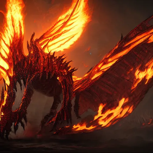 Image similar to 4k unreal engine render of Deathwing spreading his fire in a epic way, dynamic lighting, stunning visuals, cinematic, ultra detailed, trending on art station, fantasy concept art