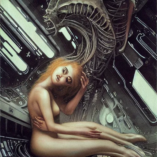 Image similar to epic masterpiece full body portrait a beautiful woman, with a beautiful face and flawless skin, lounging inside a spaceship designed by H.R. Giger, dark background, eerie fog, by Edgar Maxence and Ross Tran and Michael Whelan