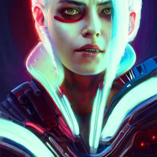 Image similar to A beautiful painting of a cyberpunk space jocky, girl with white hair fire red eyes sensual stare, Trending on artstation. augmentations and cybernetic enhancements neon circuits, greg rutkowski , hyperrealist, cinema4D, 8k highly detailed ❤️‍🔥 🔥 💀 🤖 🚀