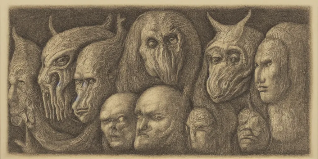 Image similar to portrait mezzotint of a group of mythical monsters and beasts in a squishy style