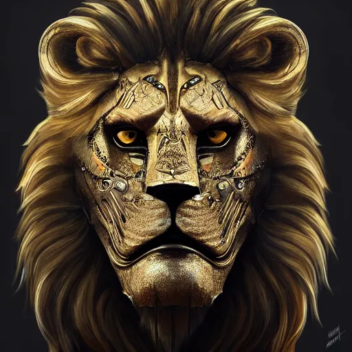 Image similar to Very very very very highly detailed epic zoom out photo of full face with lion robber venetian mask, intricate, dystopian, sci-fi, extremely detailed, digital painting, artstation, concept art, smooth, sharp focus, illustration, intimidating lighting, incredible art by Artgerm and Vincent di Fate