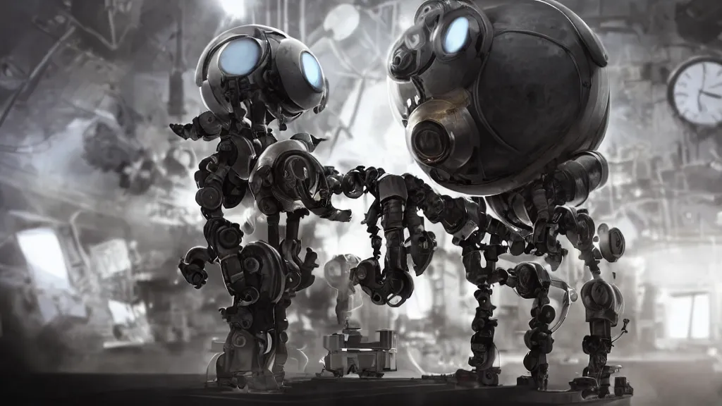 Image similar to ( bernie sanders ) putting the finishing touches on a ( cute ) ( clockwork ) doomsday robot, cinematic moody lighting, sharp focus, imax