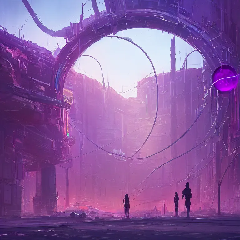 Image similar to a circle portal structure, cyberpunk, epic surrealism, indigo, purple, cyan, detailed digital matte painting in the style of simon stalenhag and painting by ralph mcquarrie