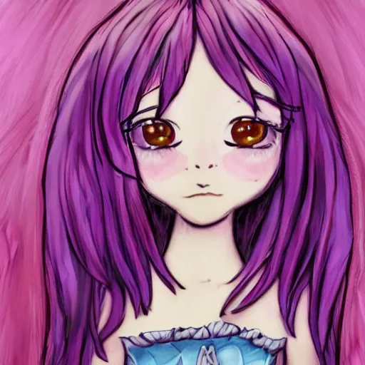 Prompt: little girl with eccentric pink hair wearing a dress mada of purple feather, art by dcwj