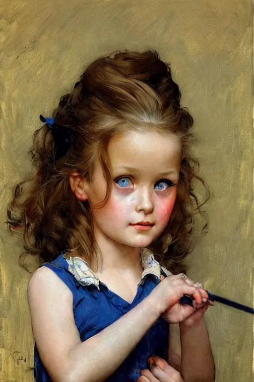 Prompt: a little girl with wavy light brown hair and blue eyes. beautiful painting by norman rockwell and raymond swanland, beautiful detailed face.
