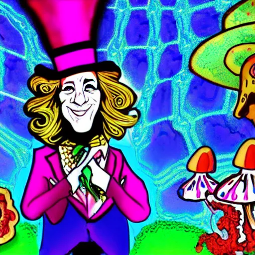 Image similar to A psychedelic vivid hallucination of the mad hatter eating himself while mushrooms dance around his head.