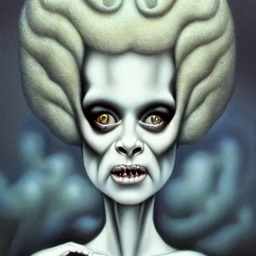 Prompt: realistic airbrush art bride of frankenstein in the style of nicoletta ceccoli, mark ryden, lostfish, earl norem, surrealism, dark art by james jean, takato yamamoto