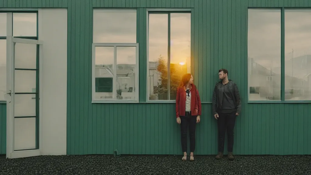 Image similar to a couple, green house, quiet street, reykjavik, sunset lighting, rim light, hyper realistic, 1 0 5 mm, cinematic frame