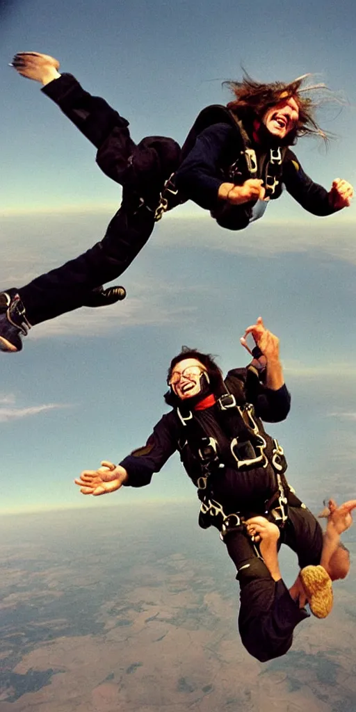 Image similar to a skydiving falling happy screaming old man, long hair, arching, jumping, national cheographic, by annie leibovitz