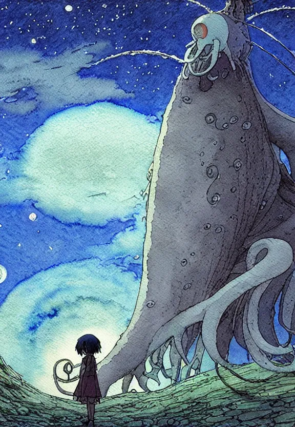 Image similar to a simple watercolor studio ghibli movie still fantasy concept art of a giant squid from princess mononoke ( 1 9 9 7 ) in stonehenge. it is a misty starry night. by rebecca guay, michael kaluta, charles vess