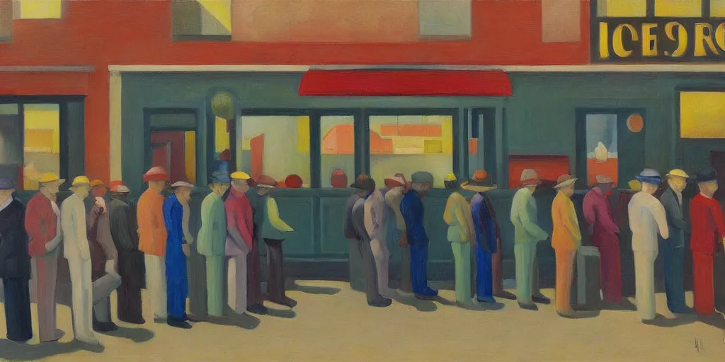 Image similar to robots queue up for ice cream, grant wood, pj crook, edward hopper, oil on canvas