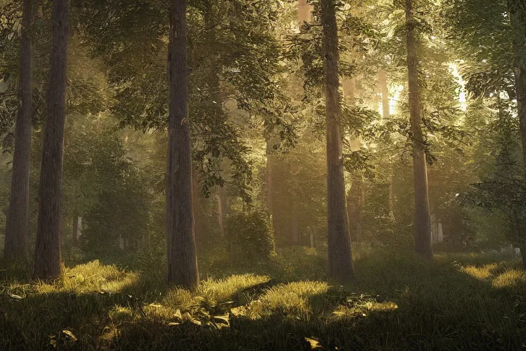 Image similar to A beautiful hyper realistic detailed photo of the forest with high trees and bushes of blueberry, dynamic lighting, cinematic lighting, lit by morning light, unreal engine, high detailed, featured on artstation