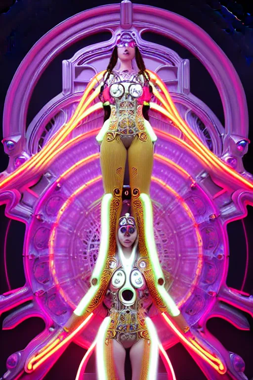 Image similar to symmetrical feminine solarpunk cyborg goddess rendered in Cinema 4D, elegant and ornate futuristic silk robes, held aloft by thousands of glowing neon wires, glowing white neon eyes, platinum and golden flowing long hair, art by Artgerm and Alphonse Mucha, hyperrealism, full body photogenic shot, digital render, cinematic lighting ornate earrings, 8k resolution, masterpiece work