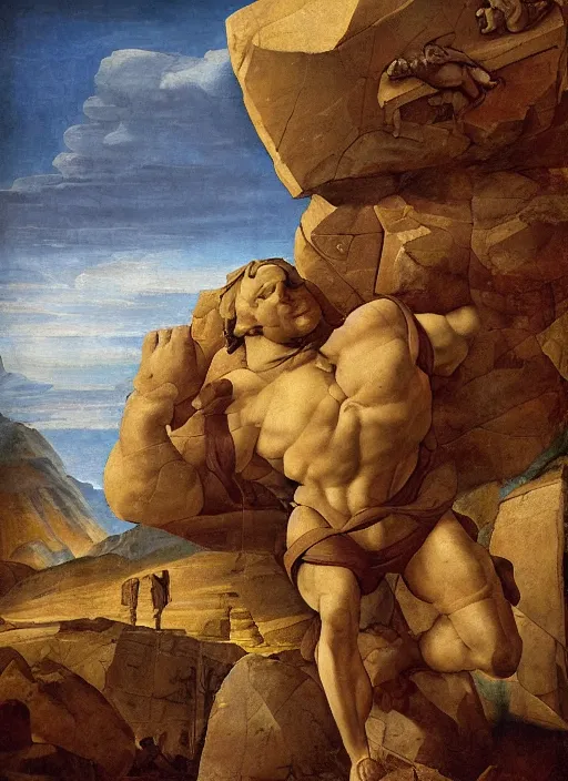 Prompt: the stone colossus placing a boulder, highly detailed, beautiful colors, renaissance mural, golden ration, in the style of sandro boticceli