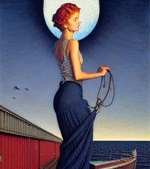 Image similar to a fancy beautiful young lady standing on a wharf at the edge of the sea by rob gonsalves and brom and gil elvgren and jean delville and william blake and norman rockwell and dan mumford, crisp details, hyperrealism, high detail, high contrast, low light, grey mist, cobblestones, dim lantern