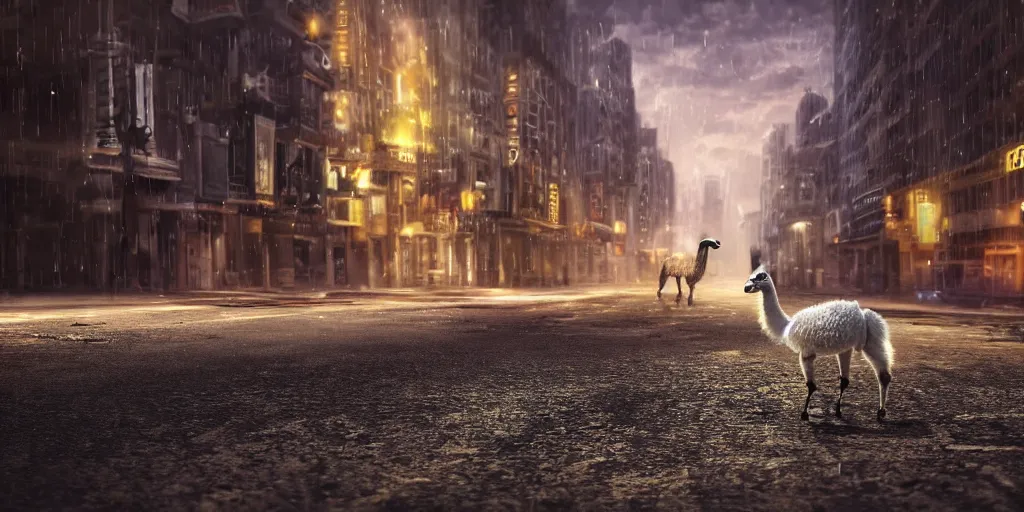 Image similar to a llama walking through a desolate city street at night, realistic 4 k octane beautifully detailed render, 4 k post - processing, highly detailed, intricate complexity, epic composition, magical atmosphere, cinematic lighting, masterpiece, ultra hd