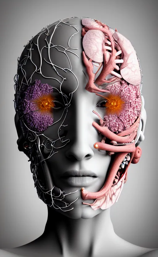 Prompt: 3D render of a beautiful profile face portrait of a female cyborg, 150 mm, flowers, Mandelbrot fractal, anatomical, flesh, facial muscles, wires, microchip, veins, arteries, full frame, elegant, highly detailed, flesh ornate, elegant, high fashion, rim light, octane render in the style of H.R. Giger