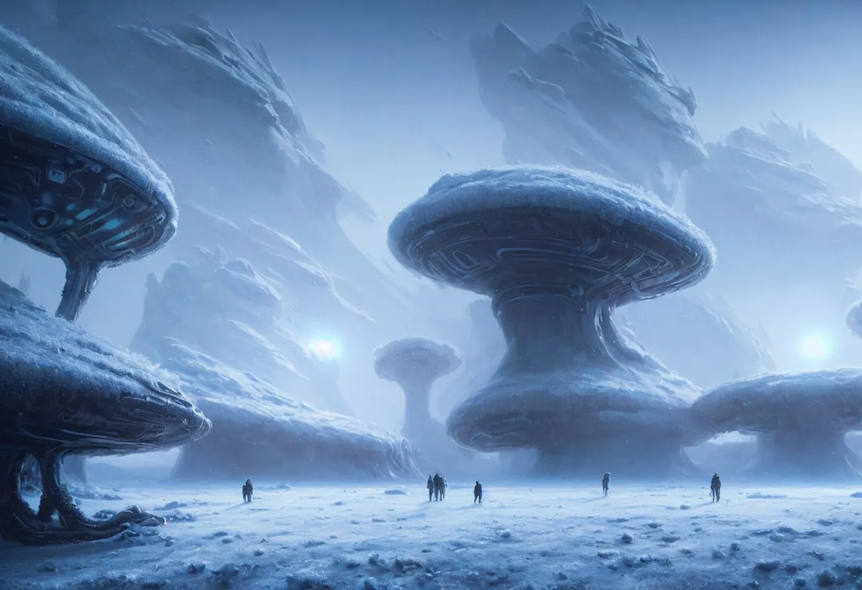 Image similar to ground level view, surface of frozen winter alien planet. morning fog, ultra high definition, ultra detailed, matte painting, by greg rutkowski and ross tran and wlop