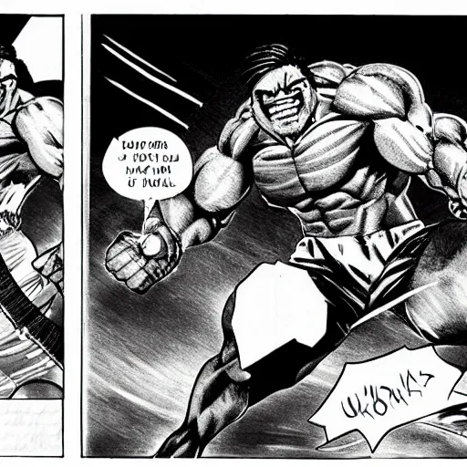 Prompt: Manga art of The Hulk getting chopped up by a helicopter blades