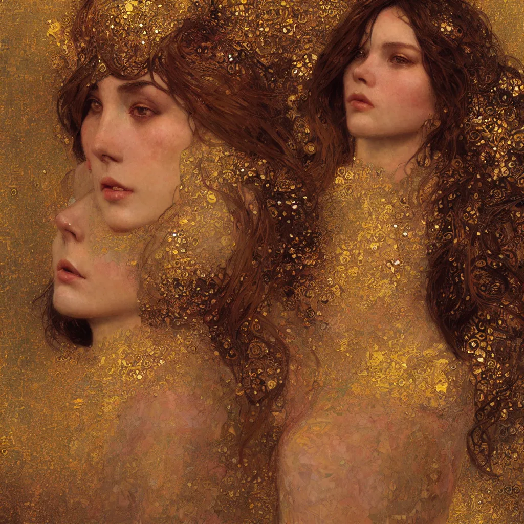 Image similar to seamless intricate klimt golden motives and textures pattern, beautiful young lady face portrait, hyper detailed, octane render, vivid colors, artstation, by jeremy mann, by alphonse mucha, by klimt