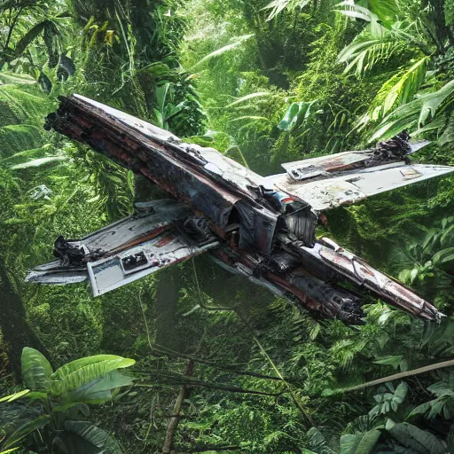 Image similar to a crashed x-wing fighter in the dense jungle, detailed 8k photography