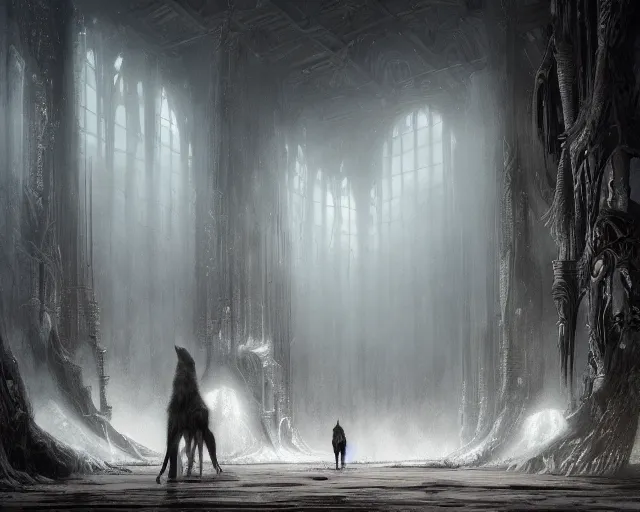 Image similar to fantasy, inside the king's hall wolves and their treasures, ethereal, ominous, misty, 8 k, by h. r. giger greg rutkowski